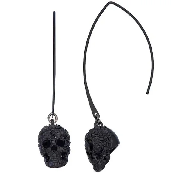 VERA WANG Goth Halloween Black Skull Head Black Crystal Drop Earrings**NEW! - Picture 1 of 4